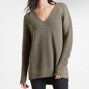 Athleta Olive Green V-Neck Ribbed Sweater